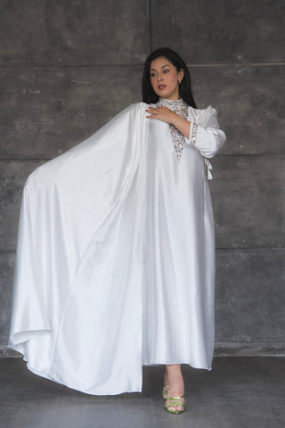 FATIMA WHITE SILK 2 PIECES ABAYA DRESS  CODE 001