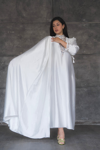 Fatima White Silk 2 Pieces Abaya Dress  Code 001