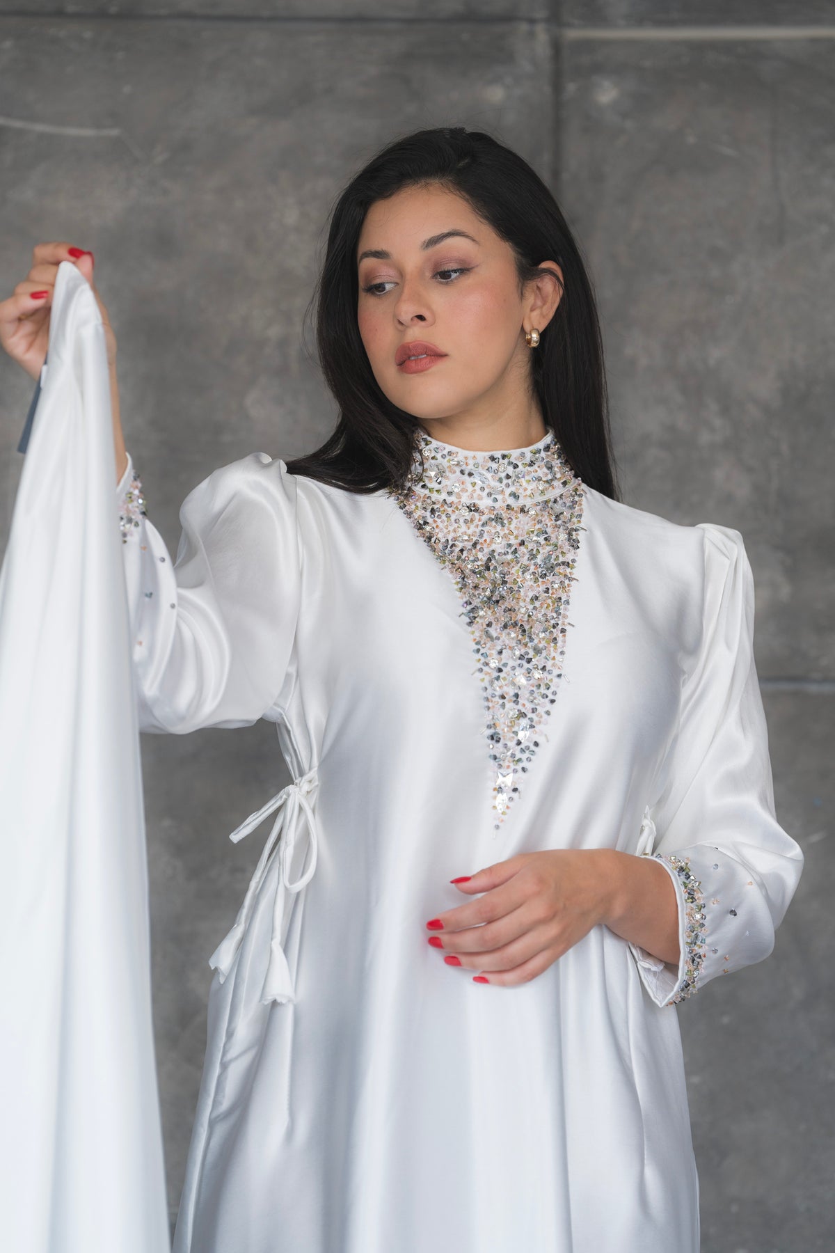 Fatima White Silk 2 Pieces Abaya Dress  Code 001