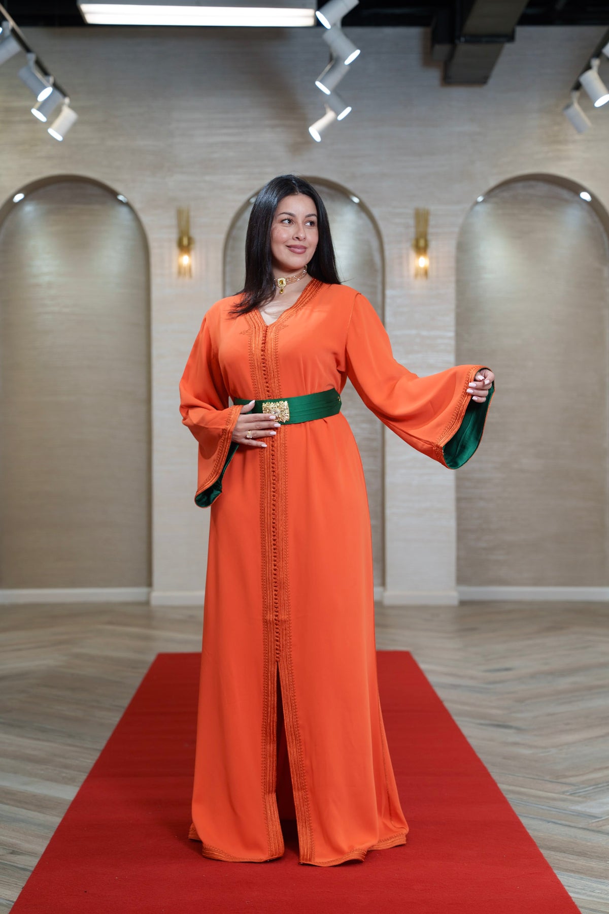 Sunset Orange Trimmed Moroccan Kaftan with Emerald Lining