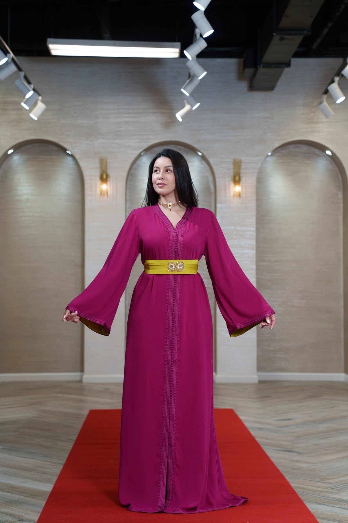 Fuchsia Trimmed Moroccan Kaftan with Chartreuse Lining