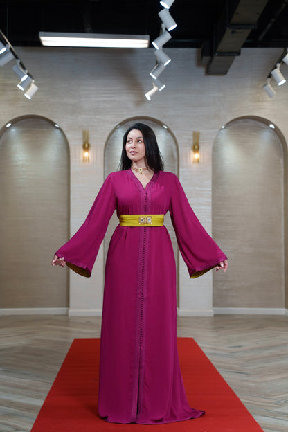 Fuchsia Trimmed Moroccan Kaftan with Chartreuse Lining