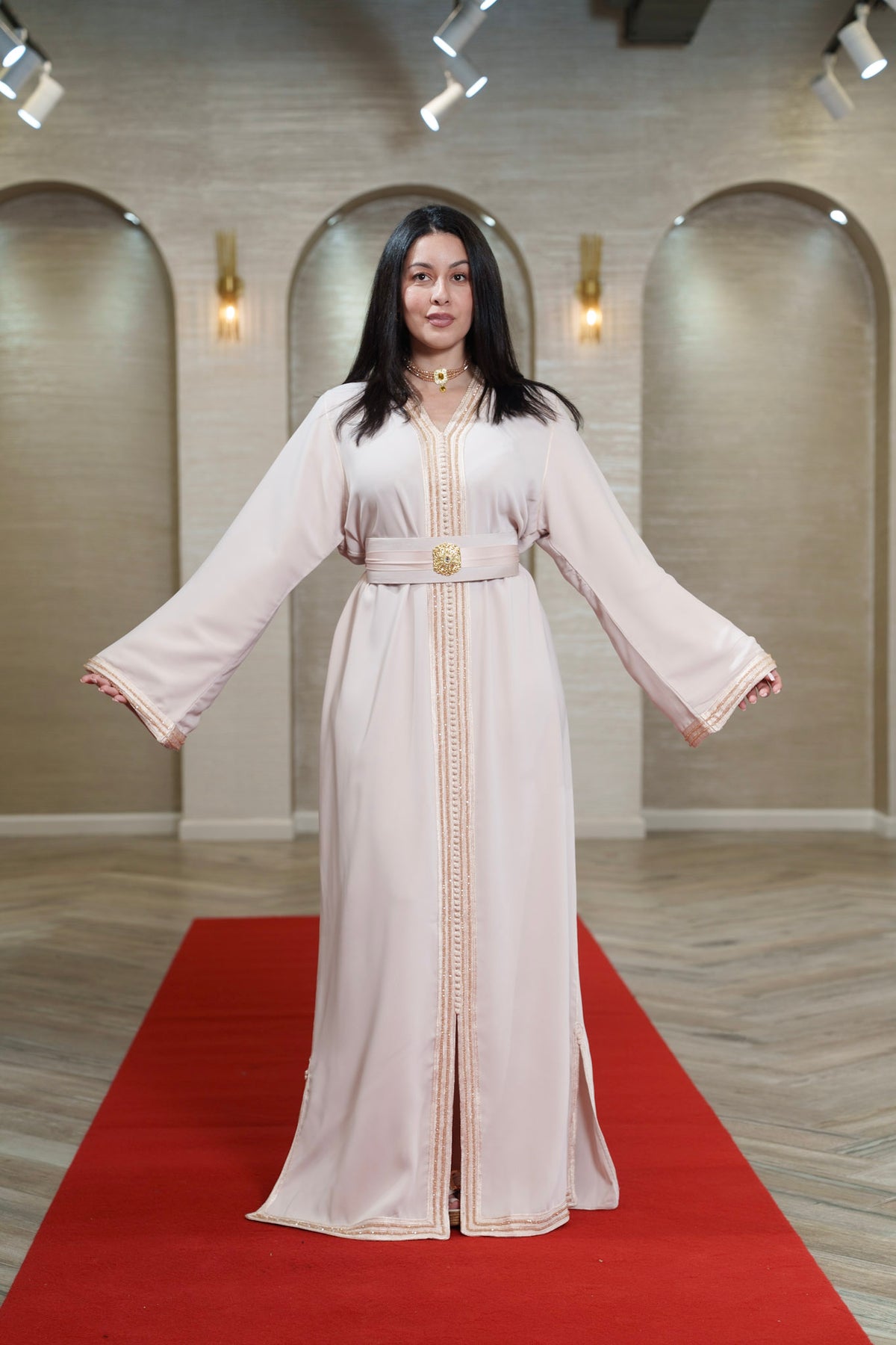 Pearl Blush Trimmed Moroccan Kaftan with Gold Buckle Belt