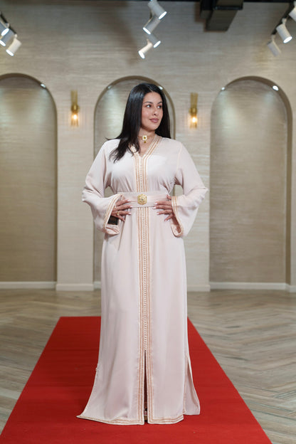Pearl Blush Trimmed Moroccan Kaftan with Gold Buckle Belt