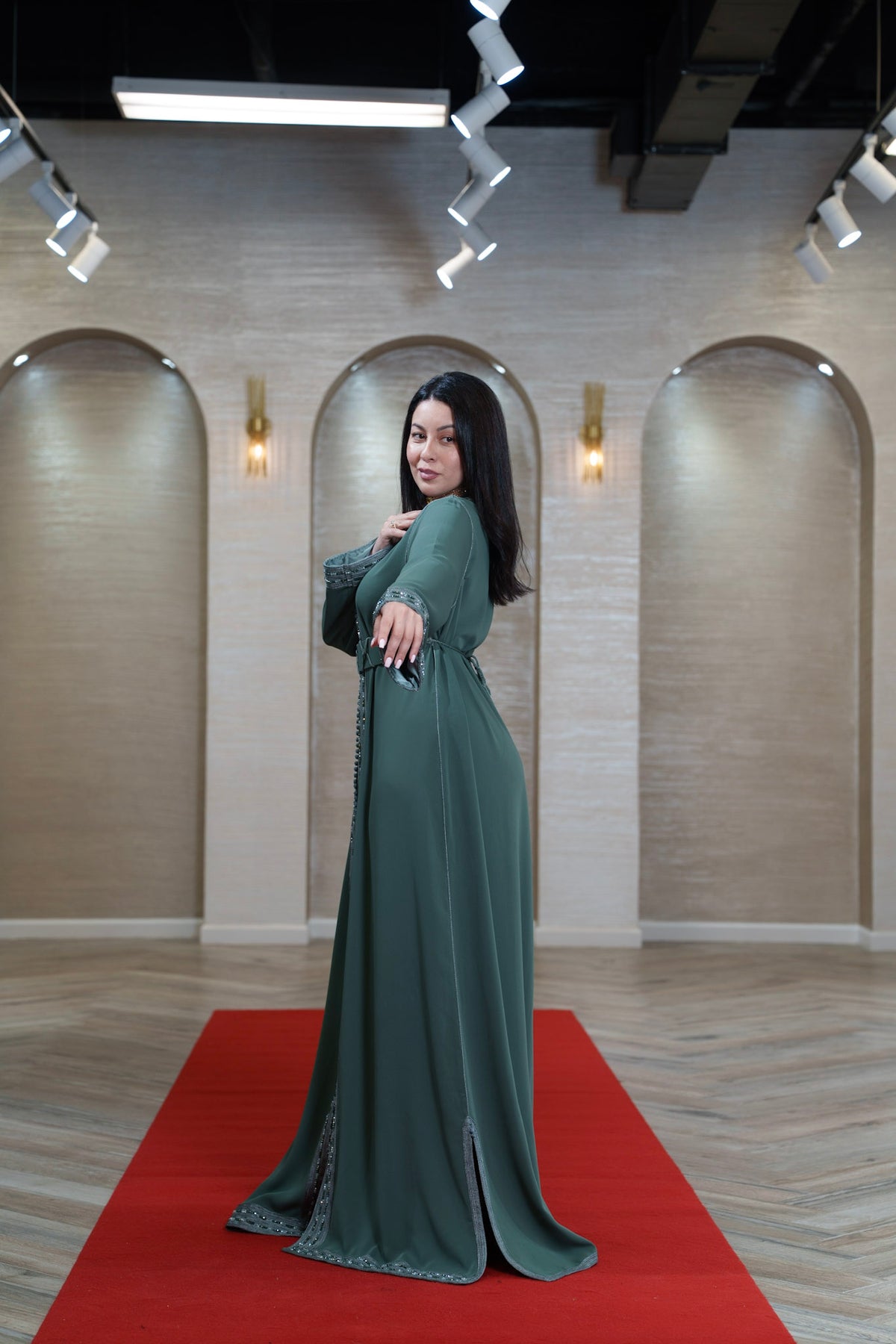 Sage Green Silver Embroidered Moroccan Kaftan
