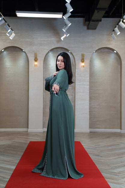 Sage Green Silver Embroidered Moroccan Kaftan