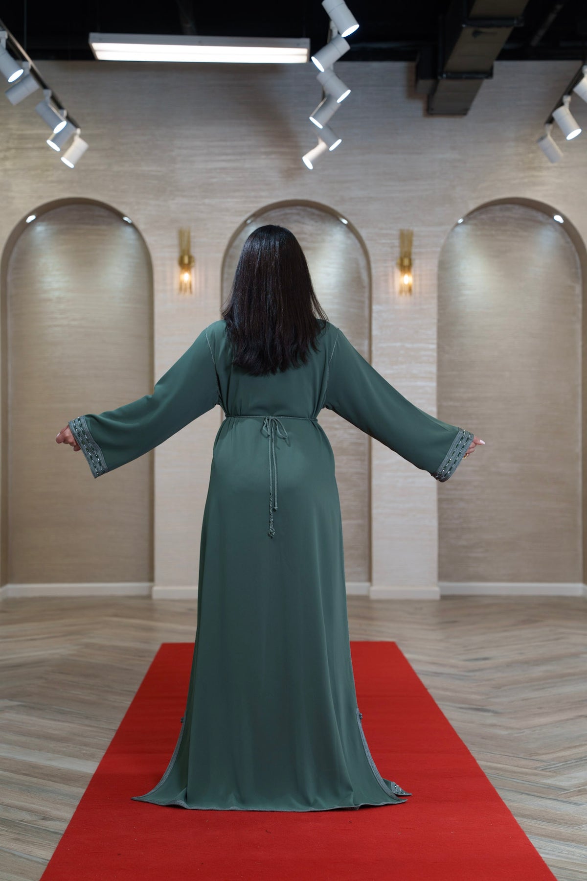 Sage Green Silver Embroidered Moroccan Kaftan