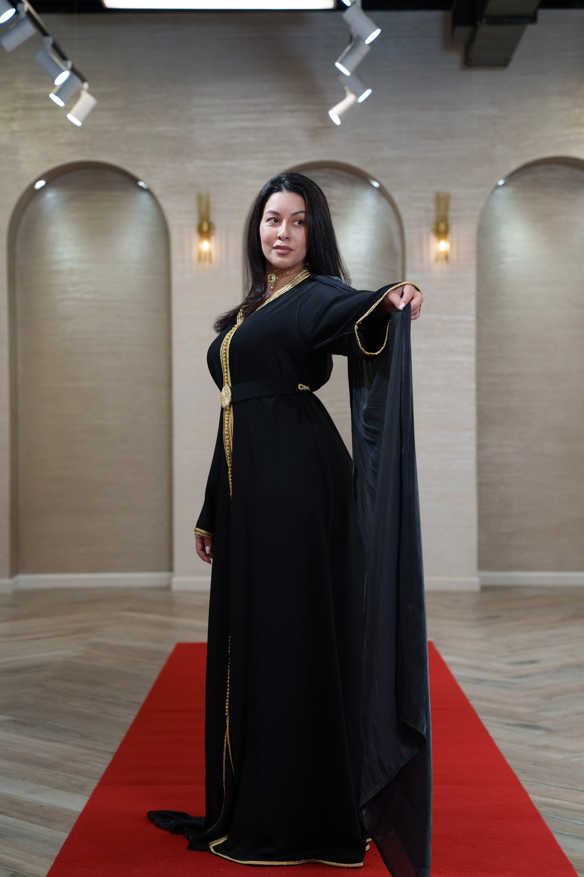 Black Gold Trim Kaftan with Pleated Overlay