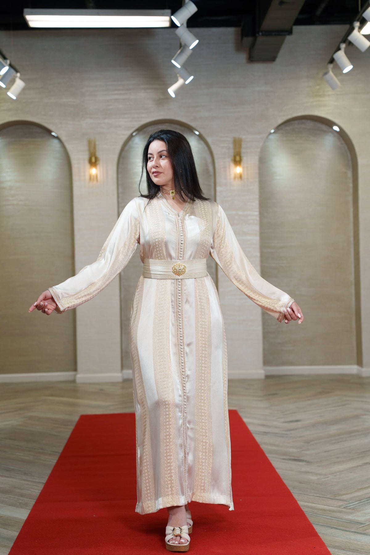 Ivory Satin Embroidered Kaftan with Gold Belt