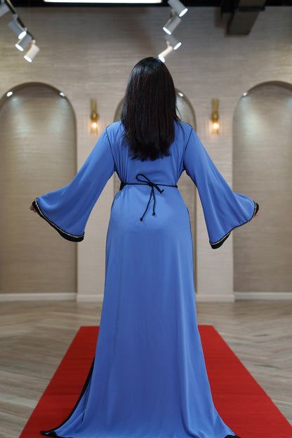 Azure Blue Kaftan with Black Trim and Gold Buckle Belt