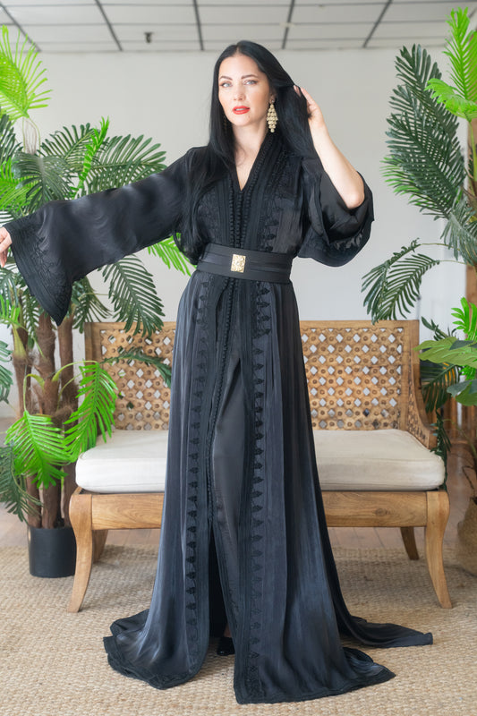Black Embroidered Organza Kaftan