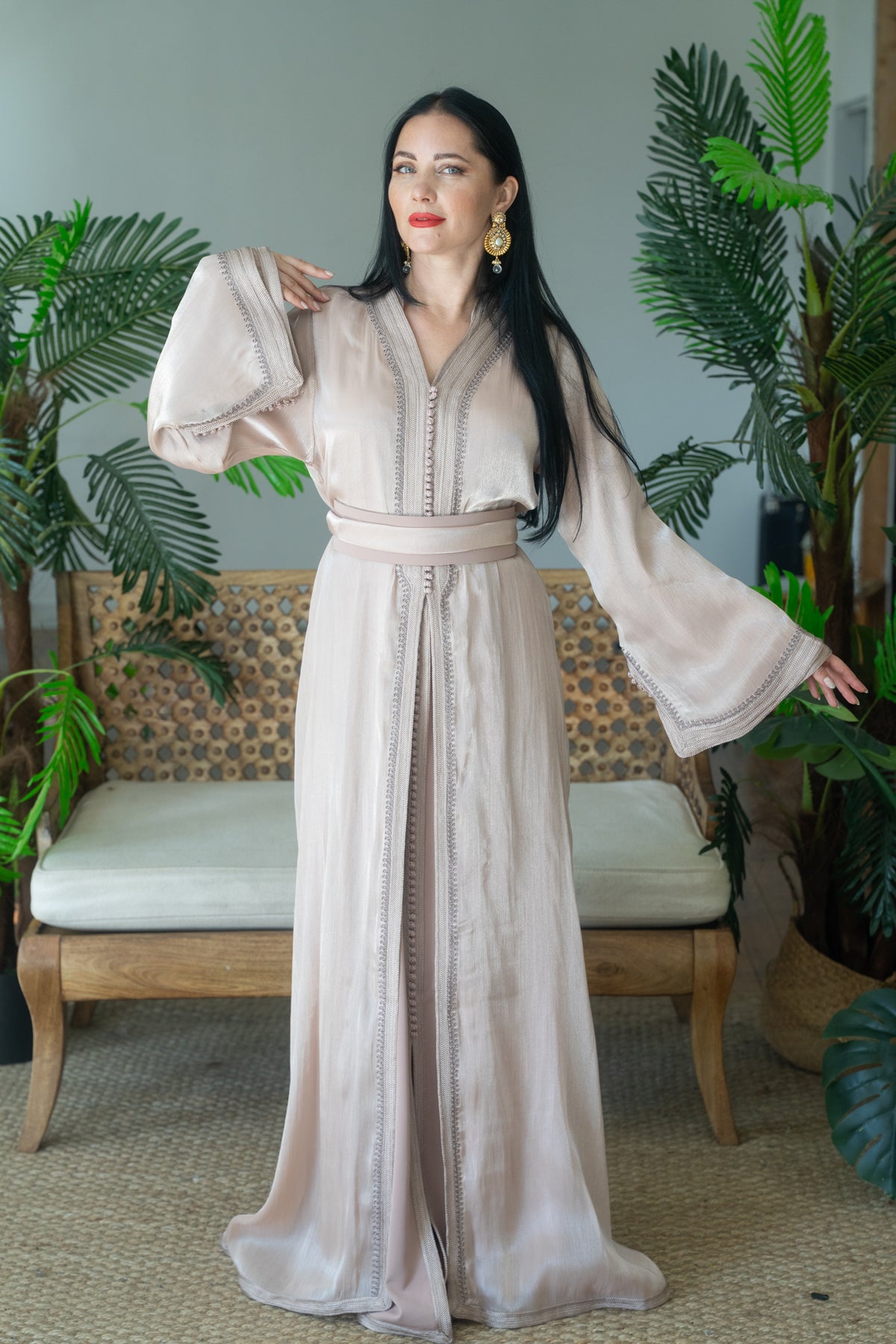 Champagne Tonal Embroidered Organza Kaftan