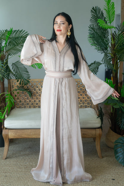Champagne Tonal Embroidered Organza Kaftan