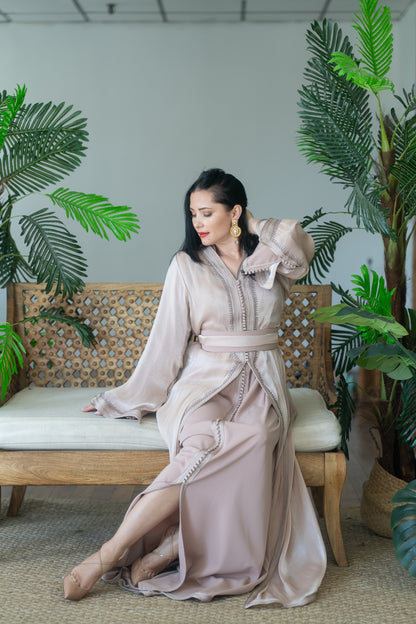 Champagne Tonal Embroidered Organza Kaftan