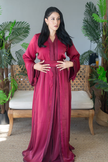 Garnet Tonal Embroidered Satin Crepe Kaftan