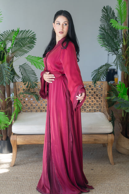 Garnet Tonal Embroidered Satin Crepe Kaftan