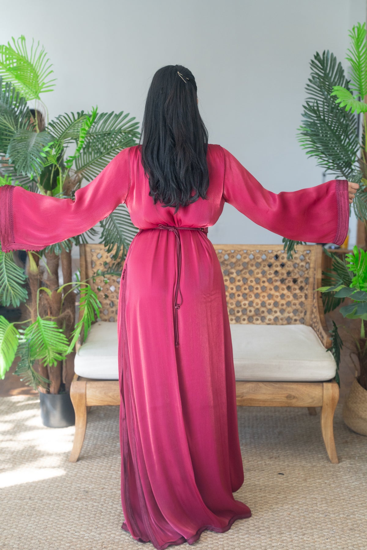 Garnet Tonal Embroidered Satin Crepe Kaftan