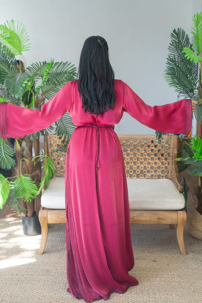 Garnet Tonal Embroidered Satin Crepe Kaftan