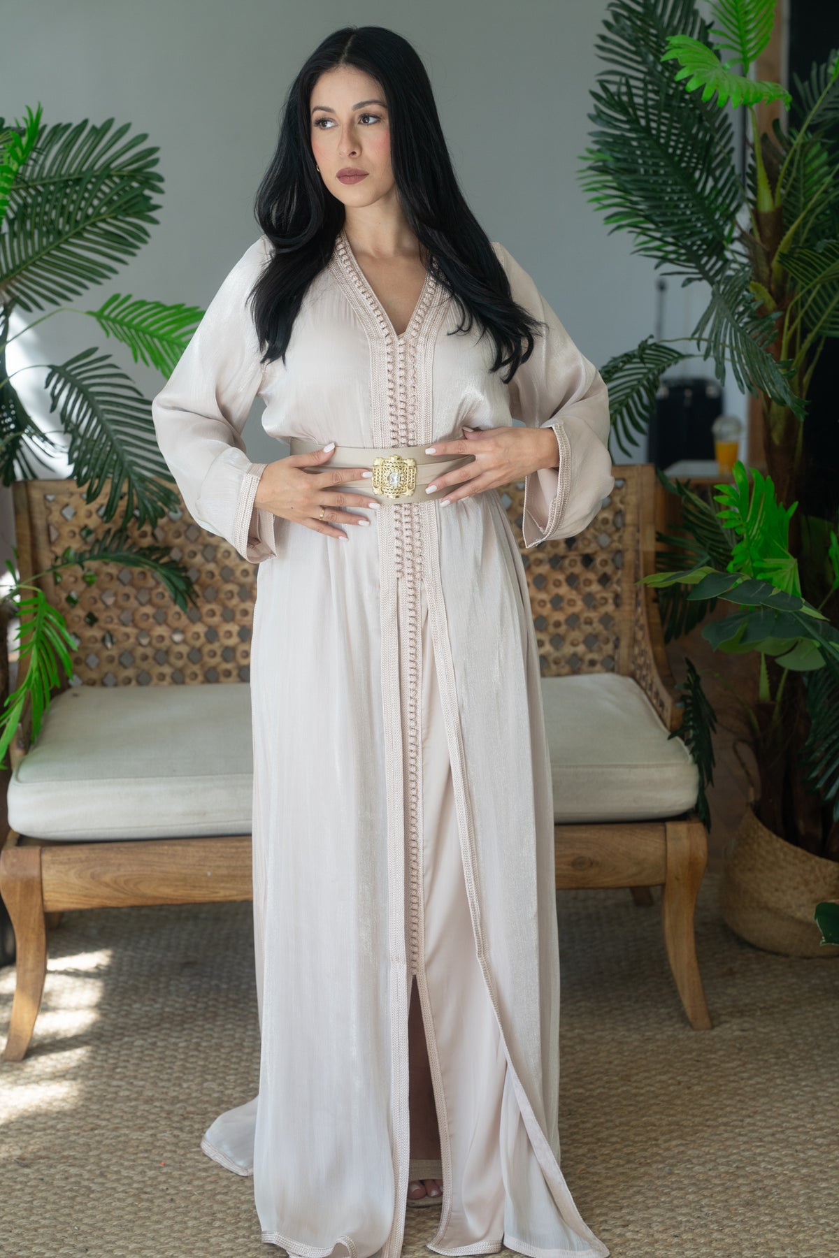 Ivory Tonal Embroidered Satin Crepe Kaftan with Gold Buckle