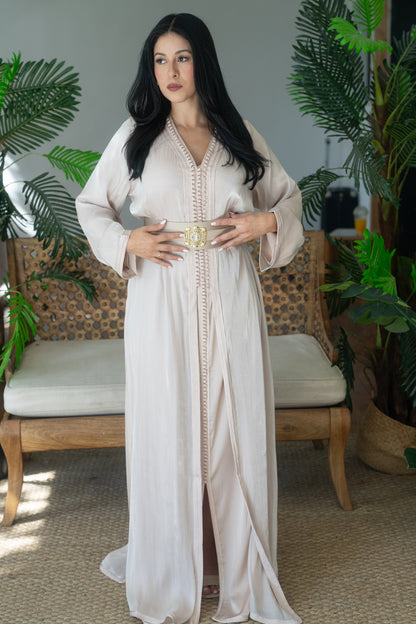 Ivory Tonal Embroidered Satin Crepe Kaftan with Gold Buckle