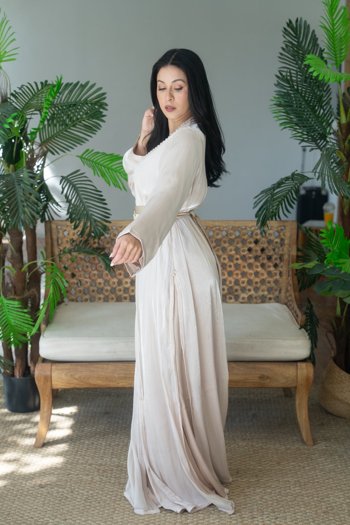 Ivory Tonal Embroidered Satin Crepe Kaftan with Gold Buckle