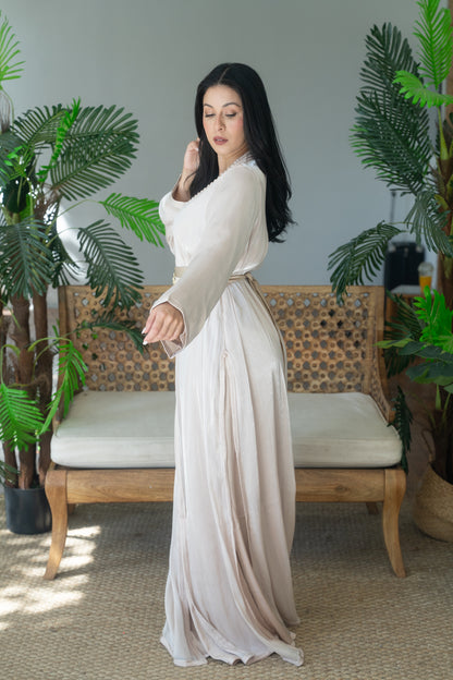 Ivory Tonal Embroidered Satin Crepe Kaftan with Gold Buckle