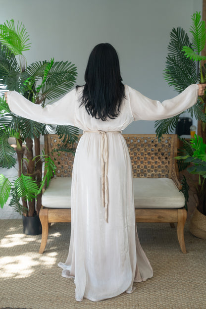 Ivory Tonal Embroidered Satin Crepe Kaftan with Gold Buckle