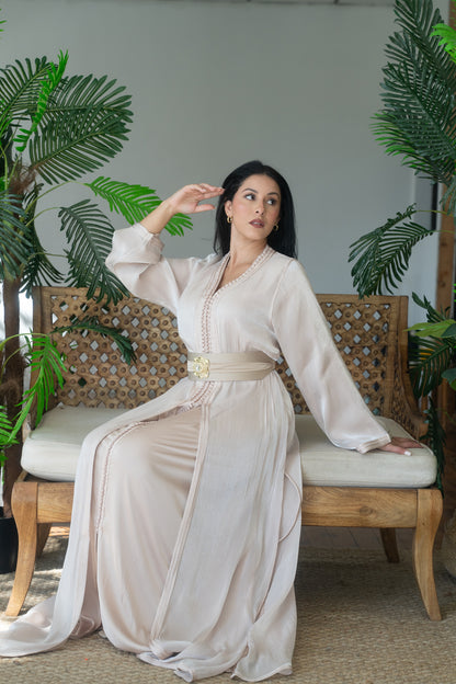 Ivory Tonal Embroidered Satin Crepe Kaftan with Gold Buckle