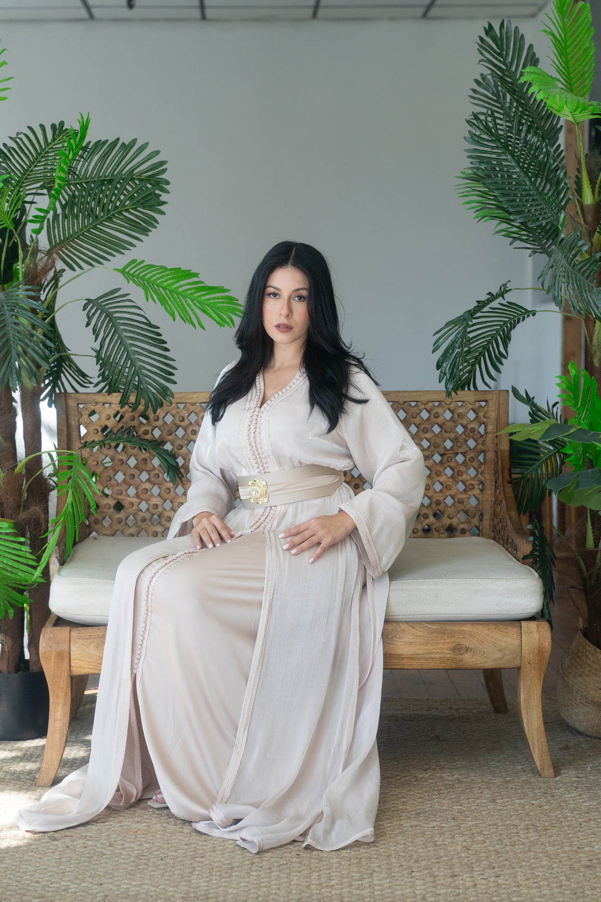 Ivory Tonal Embroidered Satin Crepe Kaftan with Gold Buckle