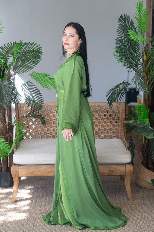 Olive Silk Embroidered Caftan