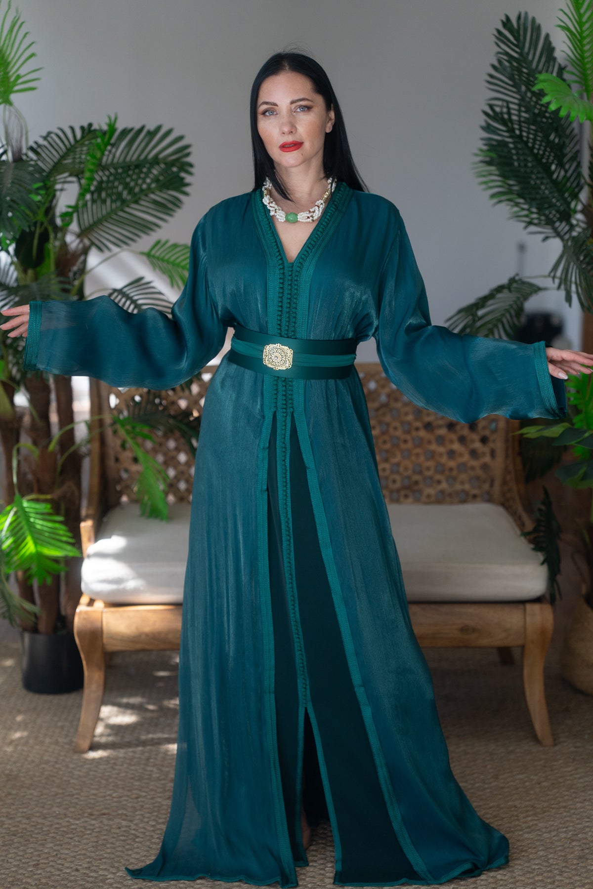 Emerald Green Tonal Embroidered Satin Crepe Kaftan