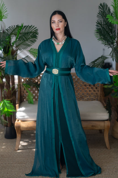 Emerald Green Tonal Embroidered Satin Crepe Kaftan