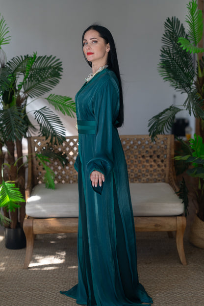 Emerald Green Tonal Embroidered Satin Crepe Kaftan