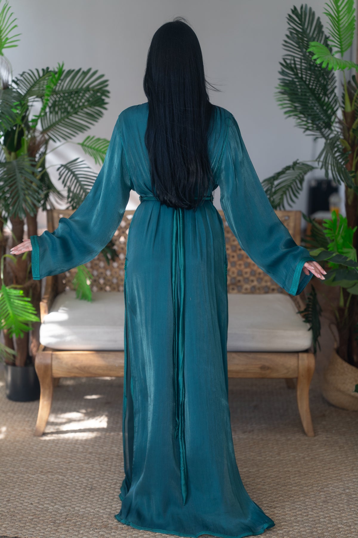 Emerald Green Tonal Embroidered Satin Crepe Kaftan