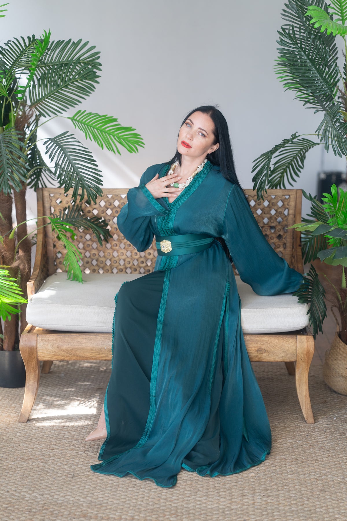 Emerald Green Tonal Embroidered Satin Crepe Kaftan