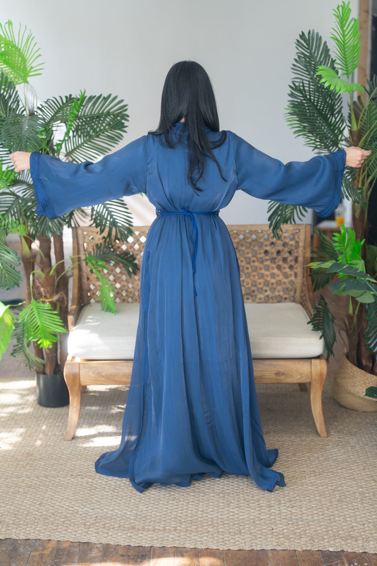 Deep Navy Tonal Embroidered Satin Crepe Kaftan