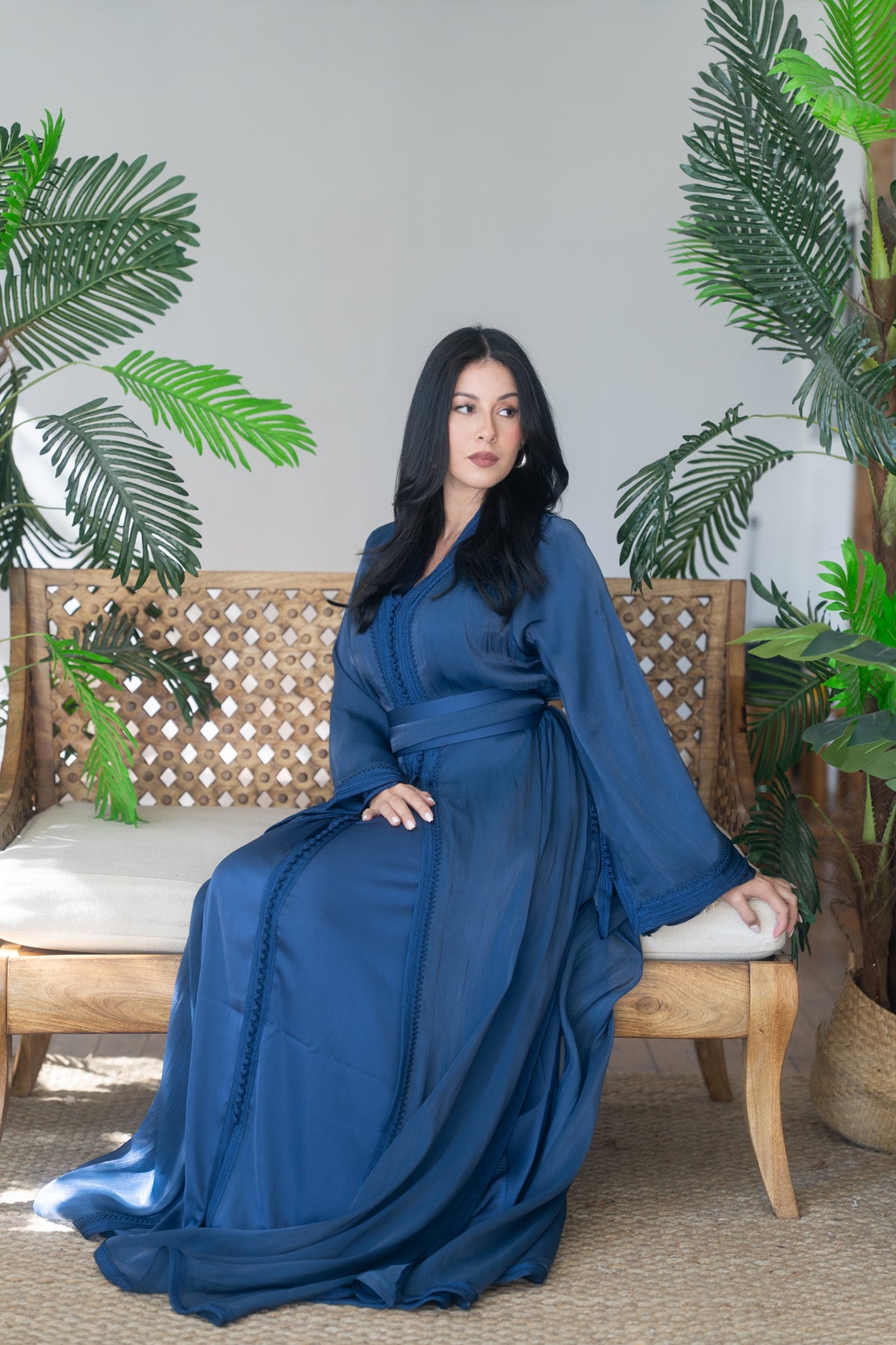 Deep Navy Tonal Embroidered Satin Crepe Kaftan