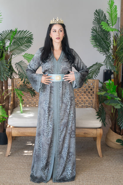 Smokey Teal Animal Print Embroidered Kaftan