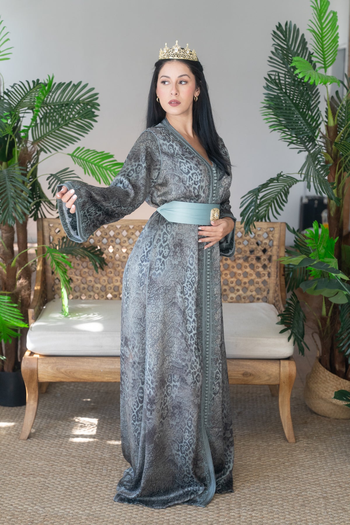 Smokey Teal Animal Print Embroidered Kaftan