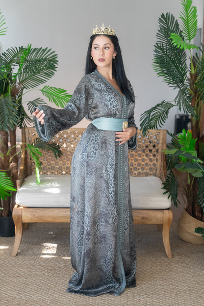 Smokey Teal Animal Print Embroidered Kaftan