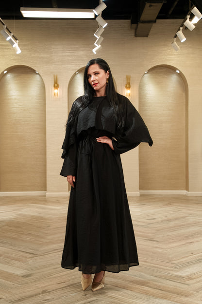Berry Cape Overlay Tie-Waist Maxi Dress