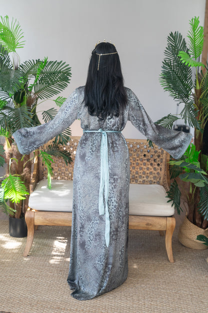 Smokey Teal Animal Print Embroidered Kaftan