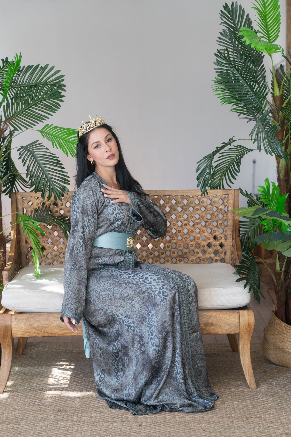 Smokey Teal Animal Print Embroidered Kaftan