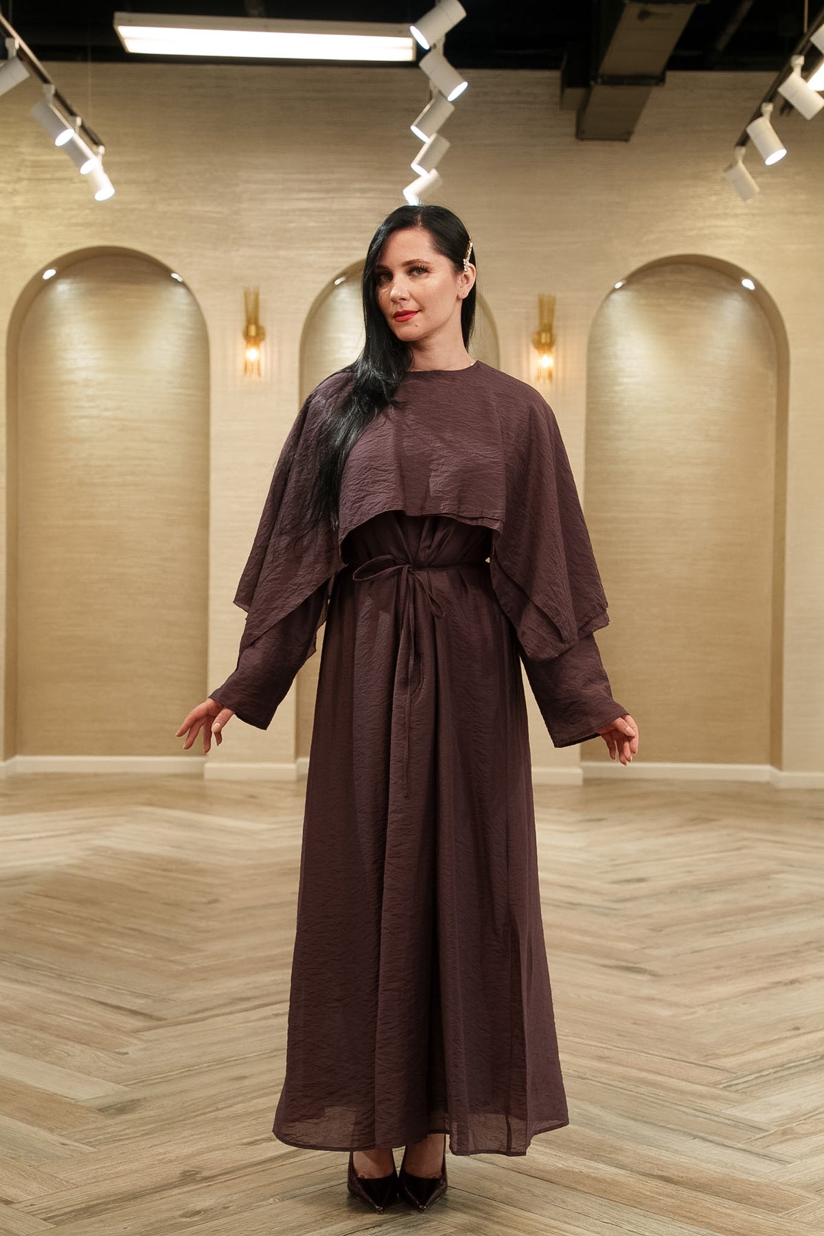 Berry Cape Overlay Tie-Waist Maxi Dress