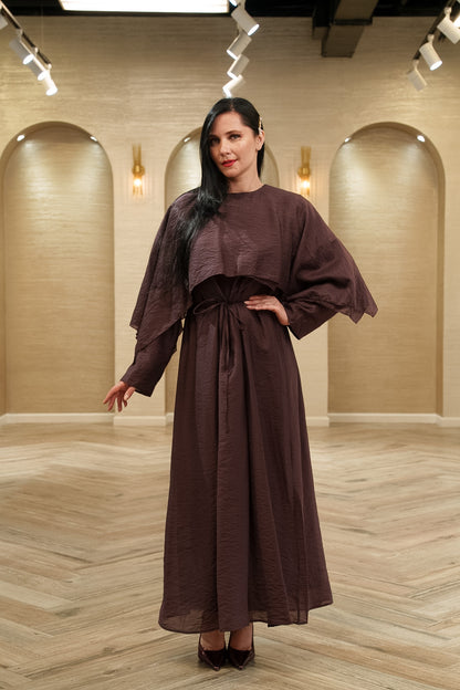 Berry Cape Overlay Tie-Waist Maxi Dress