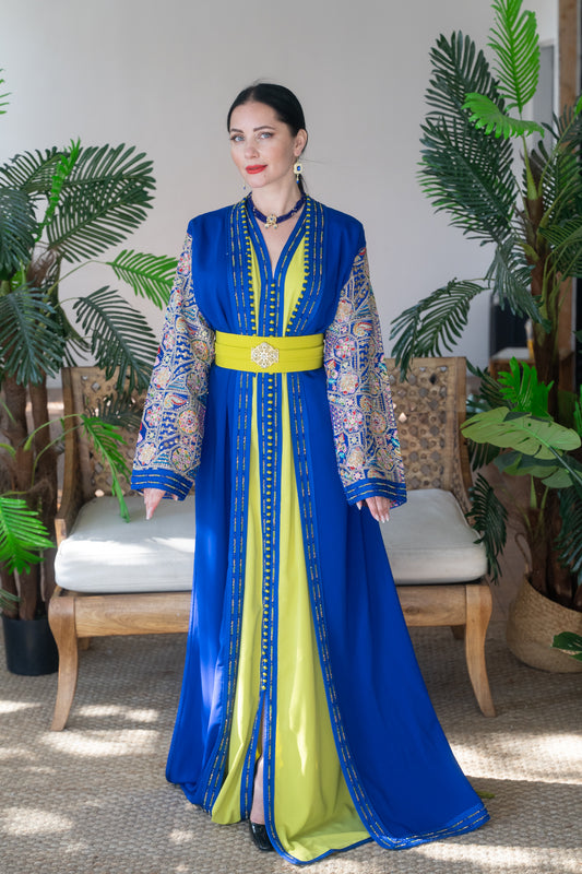 Royal Majestic Blue & Chartreuse Embroidered Caftan