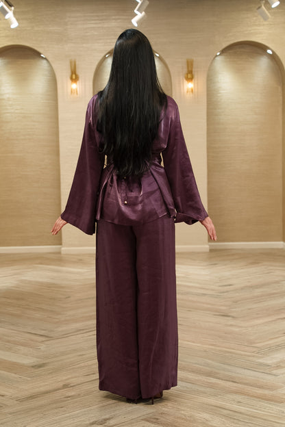 Sophia Satin Draped Blouse &amp; Palazzo Pants 2-Piece Set