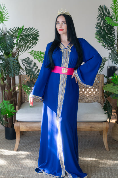 Sapphire Blue Gold Embroidered Kaftan with Fuchsia Belt