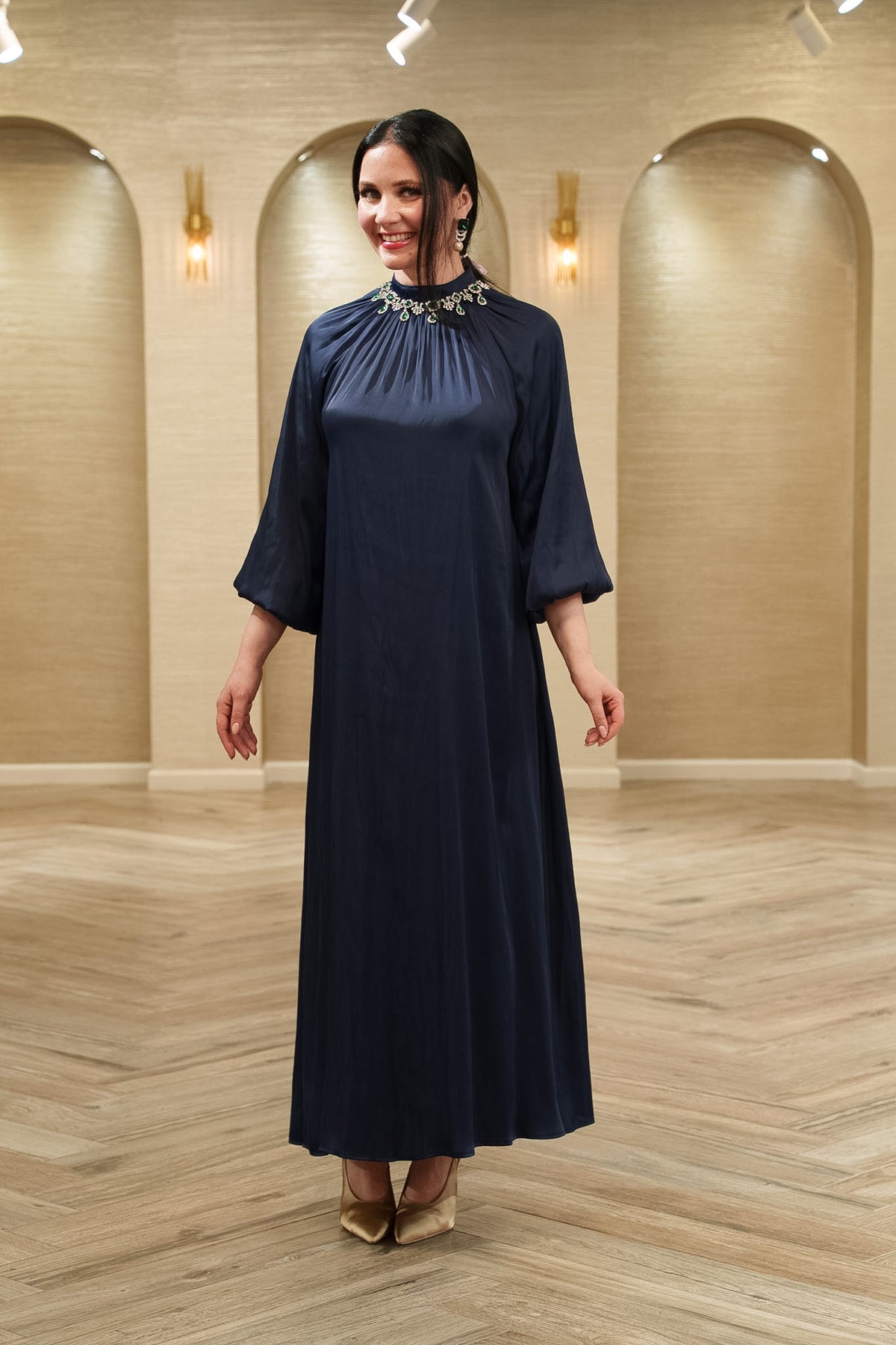 Grace Embellished Balloon Sleeve A-Line Midi Dress
