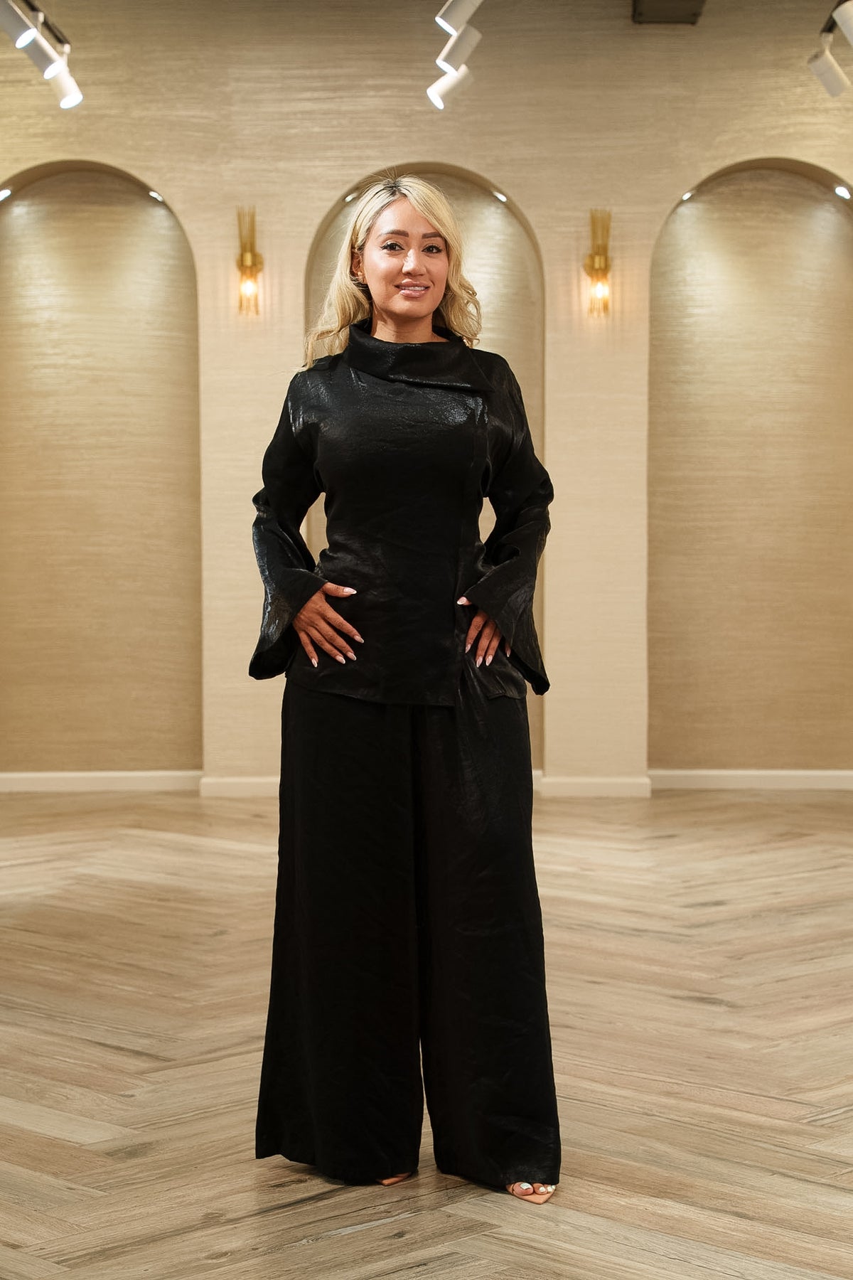 Sophia Satin Draped Blouse &amp; Palazzo Pants 2-Piece Set